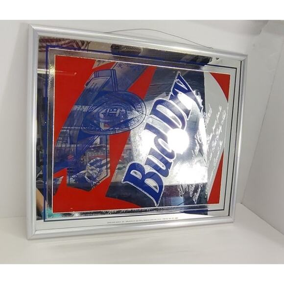 Bud Dry Mirror Bar Sign Budweiser Anheuser-Bush Beer Vintage 1989 USA Man Cave - Picture 12 of 13